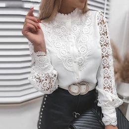 Women's Blouses Shirts Elegant Office Ladies White Collared Lace Patchwork Hollow Out Button Up Womens Tops And 2022 Fashion Blouse