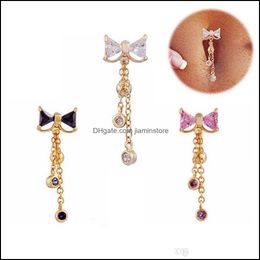 Navel Bell Button Rings Pretty Body Piercing Jewellery Bow Cubic Zircon Steel Earrings Elegant Nail Belly Exquisite Drop Delivery Otdra
