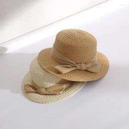 Wide Brim Hats Women Summer Handmade Sun Hat Fashion Girl Beach Panama Straw Cap Big Bow Ribbon Temperament Flat Top Holiday