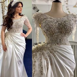 2023 Arabic Aso Ebi Mermaid Luxurious Wedding Dress Beaded Pearls Sequins Satin Bridal Gowns Dresses ZJ755