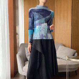 Women's T Shirts 2022 Spring Women's Inner Tops Miyak Folds Fashion Plus Size Slim Fit Round Neck Long Sleeve Printed Turtleneck T-Shirt