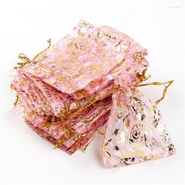 Jewellery Pouches 100pcs/pack Pink Rose Wedding Gift Favour Organza Pouch Bags 90 120mm Fit Packing