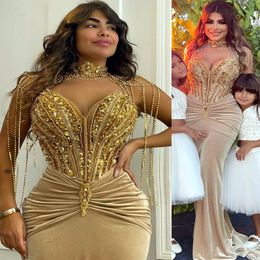 2023 Arabic Aso Ebi Gold Mermaid Prom Dresses Beaded Crystals Sequins Evening Formal Party Second Reception Birthday Engagement Gowns Dress ZJ653