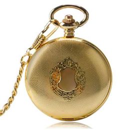 Half Hunter Luxury Exquisite Golden Royal Shield Design Pocket Watch Automatic Mechanical Fob Watches Men Women Pendant Gift253e