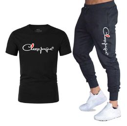 Men Outfit Two Piece Tracksuits Set Solid Colour Casual Tracksuit Short Sleeve T-shirt Drawstring Shorts Set Homewear Sports Brand LOGO PrintSuit