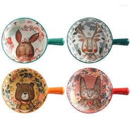 Bowls Nordic Ceramic Bowl With Handle Breakfast Noodle Fruit Forest Animal Design Dessert Soup R7UA