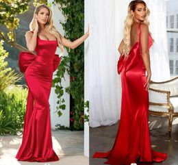Square Neck Mermaid Prom Formal Dresses with Big Bow Backless Simple Dark Red Stain Backless Evening Occasion Reception Gown