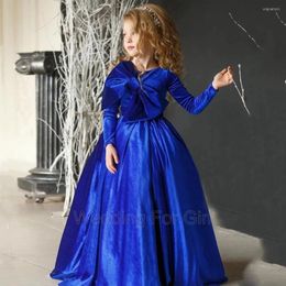 Girl Dresses Velvet Party For Girls Long Sleeves Scoop Neck Floor Length Pageant Gown Big Bow Blue Flower