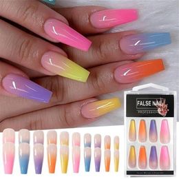 20pcs set Candy Color Finished Nail Art Tips Colorful Beauty Artificial False Nails With Glue Rainbow Gradient Nail Tips238S