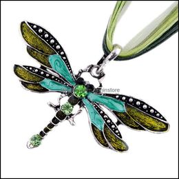 Pendant Necklaces Dragonfly Necklace Vintage Ribbon Cord Purple Red Green Crystal Bead Jewellery For Women Girls Drop Delivery Pendants Otoxv