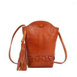 Evening Bags Women's Leather Tassel Shoulder Retro Bucket Mobile Phone Top Layer Cowhide Messenger Bag