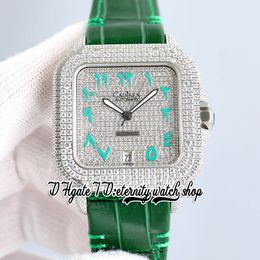 TWF tw0009 M8215 Automatic Mens Watch 40MM Iced Out Diamond Bezel Paved Diamonds Dial Green Arabic Markers Leather Strap Super Edition eternity Jewelry Wristwatch