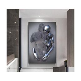 Paintings Couples Metal Figure Statue Canvas Painting Nordic Love Kiss Poster And Prints Sexy Body Wall Art Pictures For Living Room Dhgxe