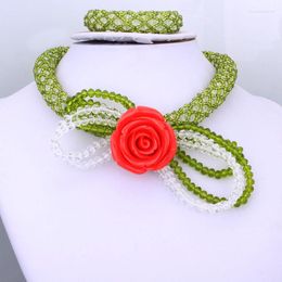 Necklace Earrings Set African Bridal Jewelry Nigerian Coral Flower Choker Beads With Bracelet And 2022