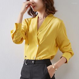 Women's Blouses Women's Tops Silk Floral Printed Office Formal Casual Shirts Plus Large Size Spring Summer Sexy Femme Light Yellow Lemon