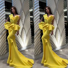 Casual Designed Yellow Mermaid Evening Dresses Sweetheart Pleat Sleeveless Prom Dress Simple Formal Party Gowns