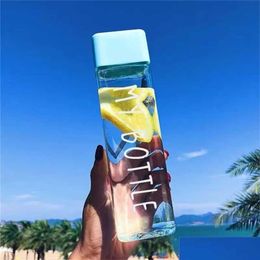 Water Bottles Transparent Square Plastic Frosted Bottle Outdoor Cold Juice Sports Cup Milk With Portable Rope Drop Delivery Home Gar Dhfum