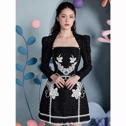 Women's square collar shrug shoulder tweed fabric embroidery flower beading a-line dress SML