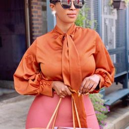 Women's Blouses African Ladies Brown Long Sleeve Plain Bow Elegant Work Tops Business Office Official Fashion Big Size