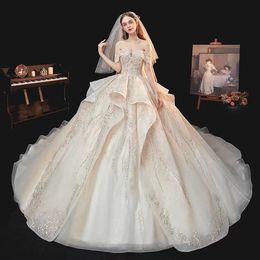 African Dubai Elegant A-Line Wedding Dresses Off Shoulder Designer Crystal Lace Appliques Beaded Vestios De Novia Bridal Gowns With Buttons Plus Size 403