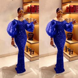 Royal Blue Sequin Sheath Prom Dresses Puffy Long Sleeve Formal Gown Floor Length African Womens Vestidos De Novia 326 326