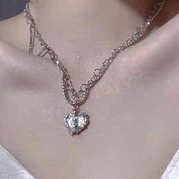 Korean Chic Silver Colour Luxury Crystal Double Layers Heart Pendant Necklace Fashion Women Clavicle Chain Party Jewellery