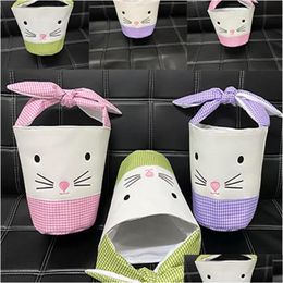 Storage Bags Easter Bunny Barrel Bucket Basket Plaidwork Cartoon Rabbit Ear Bowknot Canvas Tote Bag New Year Gifts Egg Candies Handb Dh9Ej