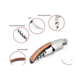 Openers Nonslip Wood Handle Corkscrew Knife Pl Tap Double Hinged Beer Red Wine Opener Stainless Steel Bottle Bar Tool Gift Sn3491 Dr Dhkor