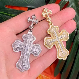 Hip Pop Iced Out Bling Cz Cross Pendant Necklace Full Paved Cubic Zircon Gold Colour Neck Chain Accessories Men Jewellery