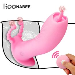 Wireless Remote Wearable Dildo Vibrator For Women Couples Toy Dual Stimulation Tongue licking Butterfly Panties Vibrator Q06023225