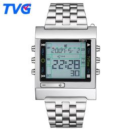 New Rectangle TVG Remote Control Digital Sport watch Alarm TV DVD remote Men and Ladies Stainless Steel WristWatch289e