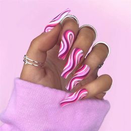 Nail Art Kits 24Pcs Long Coffin False Nails With Colourful Wave Designs Wearable Fake Full Cover Tips Press On Manicure Tool311v