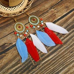 Women's Ethnic Boho Long Feather Dangle Earrings Bijoux Summer Vintage Compass Gold Colour Alloy Chain Tassel Drop Earrings