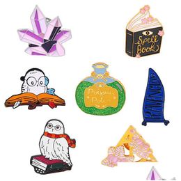 Pins Brooches Metal Enamel Lapel Brooch Pin Cartoon Cute Owl Animal Magic Book Shape Badge Exquisite Clothing Accessories Vintage W Dhfn8