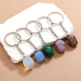 Irregular Ellipse Crystal Opal Natural Stone Key Rings Square Gem Charms Keychains Healing Crystal Keyrings for Women Men