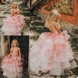 Vintage Princess Flower Girls' Dresses Short Sleeve Appliques Lace Tiered Kids Formal Wear Custom Made First Holy Communion Gowns