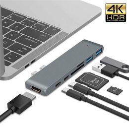 Multifunctional 7 IN 2 USBC Hub 2xUSB HDTV SD TF Reader TYPEC PD Charging for MacBook Tablet