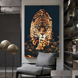 Paintings Black Golden Lion Tiger Parrot Among Flowers Luxurious Animal Poster Modern Art Canvas Painting For Living Room Wall Decor Dhjy2