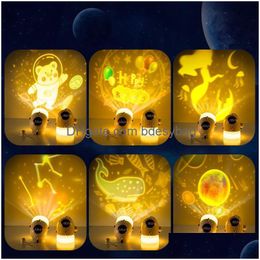 Desk Table Clocks Cartoon Alarm Clock Projection Night Light Rechargeable Digital With Timer Dimmable For Room Bedside Drop Delive Dhbwo