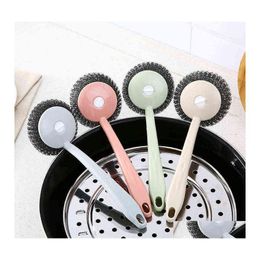 Cleaning Brushes Long Handle Wire Ball Brush Pan Dish Handles Washing Stainless Steel Hanging Brushs Kitchen Tools Vtm Eb1037 Drop D Dhu1Z
