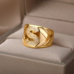 Chunky Wide Hollow Letter Rings For Women Zircon Adjustable Gold Colour Opening Ring Initials Alphabet Female Party Jewellery