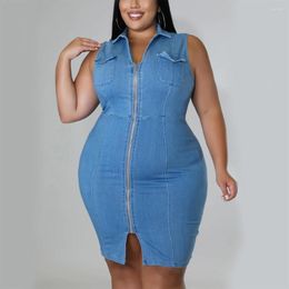 Casual Dresses 4XL 5XL Oversized Jeans Dress Turn Down Collar Sleeveless Zipper Closure Knee Length Bodycon High Waisted Fashion Denim