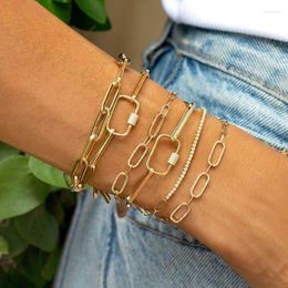 Link Bracelets 2022 Gold Colour Open Chain With Heart Rectangle Charm 15 4cm Micro Pave Clear CZ Lobster Clasp Bracelet For Women Fashion