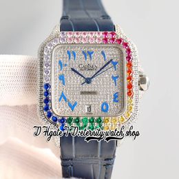 TWF tw0030 M8215 Automatic Mens Watch 40MM Rainbow Iced Out Big Diamond Bezel Paved Diamonds Dial Blue Arabic Markers Leather Strap Super Edition eternity Watches