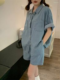 Women's Tracksuits Summer Denim Shorts Suits Korean Style Loose 2 Two Piece Set Womens Outfits Short Sleeve Shirt Jeans Ensemble Femme