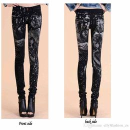 Fashion jeans woman Casual Black Pencil jean pants Girl drilling printing Pattern Shiny 6075