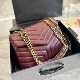 Womens Lambskin Loulou Red Bags Chevron V-stitch Quilted Purse Multi Pochette Antique Gold Metal Hardware Strap Valentine Chain Crossbody Shoulder Handbags 25CM