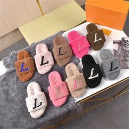 Designer Wool Slippers Women Fashion Pure Color Letter Print Flat Soled Slides Sandals Winter Home Necessary Ful Fluffy Warm Comfortable