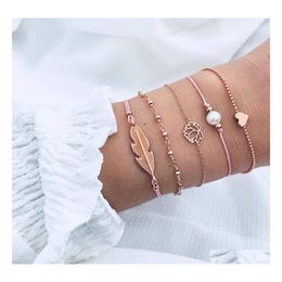 Charm Bracelets Bohemian Leaves Heart Love Lotus Pearl Bracelet Chain Woven Mtilayer Set Women Fashion Gold Jewellery Drop Delivery Otot0