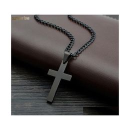 Pendant Necklaces Fashion Stainless Steel Cross Necklace For Men Women Gold Sier Black Link Chain Jesus Prayer Jewelry Drop Delivery Otuae